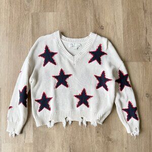 VINTAGE HAVANA Distressed Ivory Star Pullover Sweater 100% Cotton SMALL
